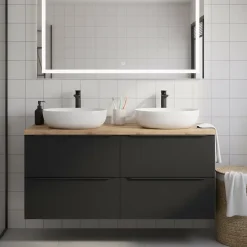 Meuble Buanderie|GoodHome Meuble vasque suspendu noir mat l.120 cm Imandra + plan de toilette chêne Hartland,