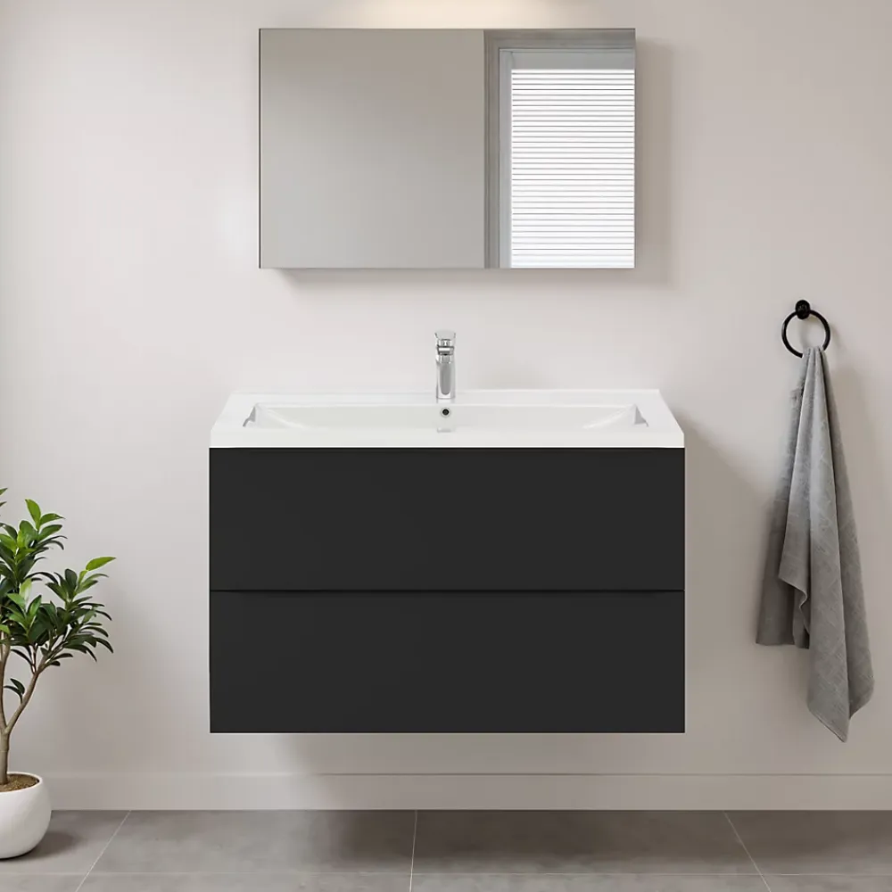 Meuble Vasque|GoodHome Meuble vasque suspendu noir mat l.100 cm Imandra + plan vasque blanc céramique Nira,
