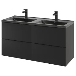 GoodHome Meuble vasque suspendu noir mat l.120 cm Imandra + plan double vasque noir céramique Nira,