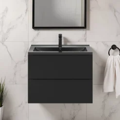 GoodHome Meuble vasque suspendu noir mat l.80 cm Imandra + plan vasque noir céramique Nira,