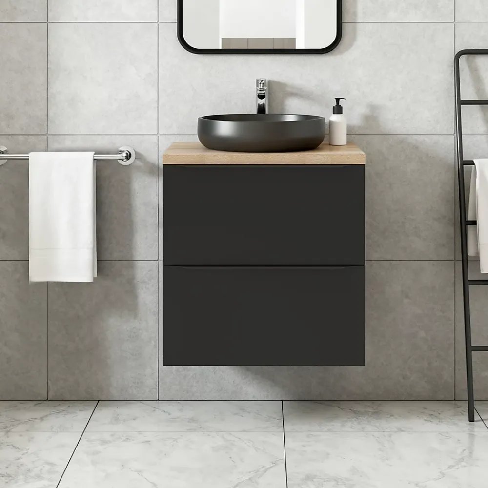 GoodHome Meuble vasque suspendu noir mat l.60 cm Imandra + plan de toilette effet chêne,