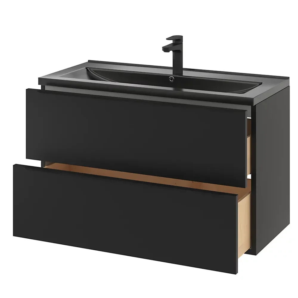 Meuble Vasque|GoodHome Meuble vasque suspendu noir mat l.100 cm Imandra + plan vasque noir céramique Nira,
