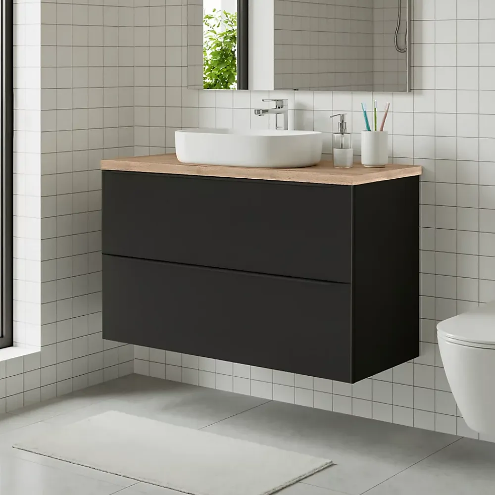 GoodHome Meuble vasque suspendu noir mat l.100 cm Imandra + plan de toilette effet chêne,