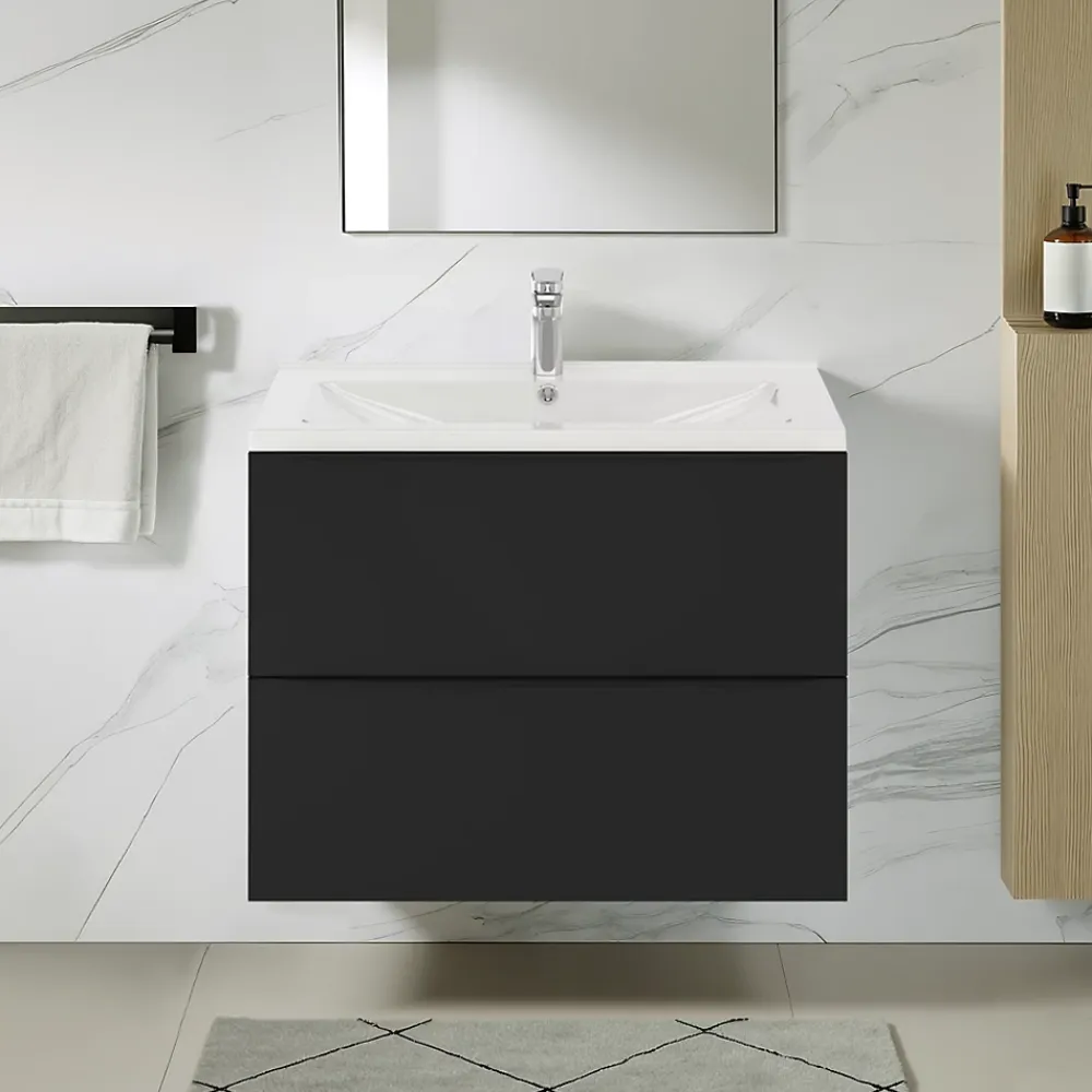 Meuble Vasque|GoodHome Meuble vasque suspendu noir mat l.80 cm Imandra + plan vasque blanc céramique Nira,