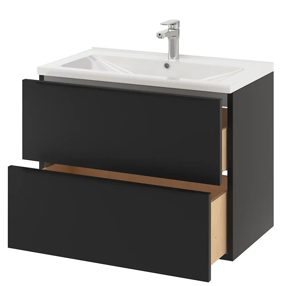 Meuble Vasque|GoodHome Meuble vasque suspendu noir mat l.80 cm Imandra + plan vasque blanc céramique Nira,