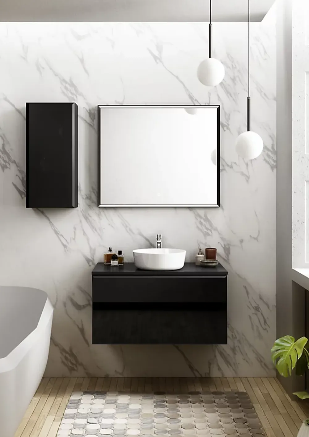 Meuble Buanderie|Ipiemme SRL Meuble vasque suspendu noir mat et verre fumé l.90 cm + plan de toilette noir mat, Pura+