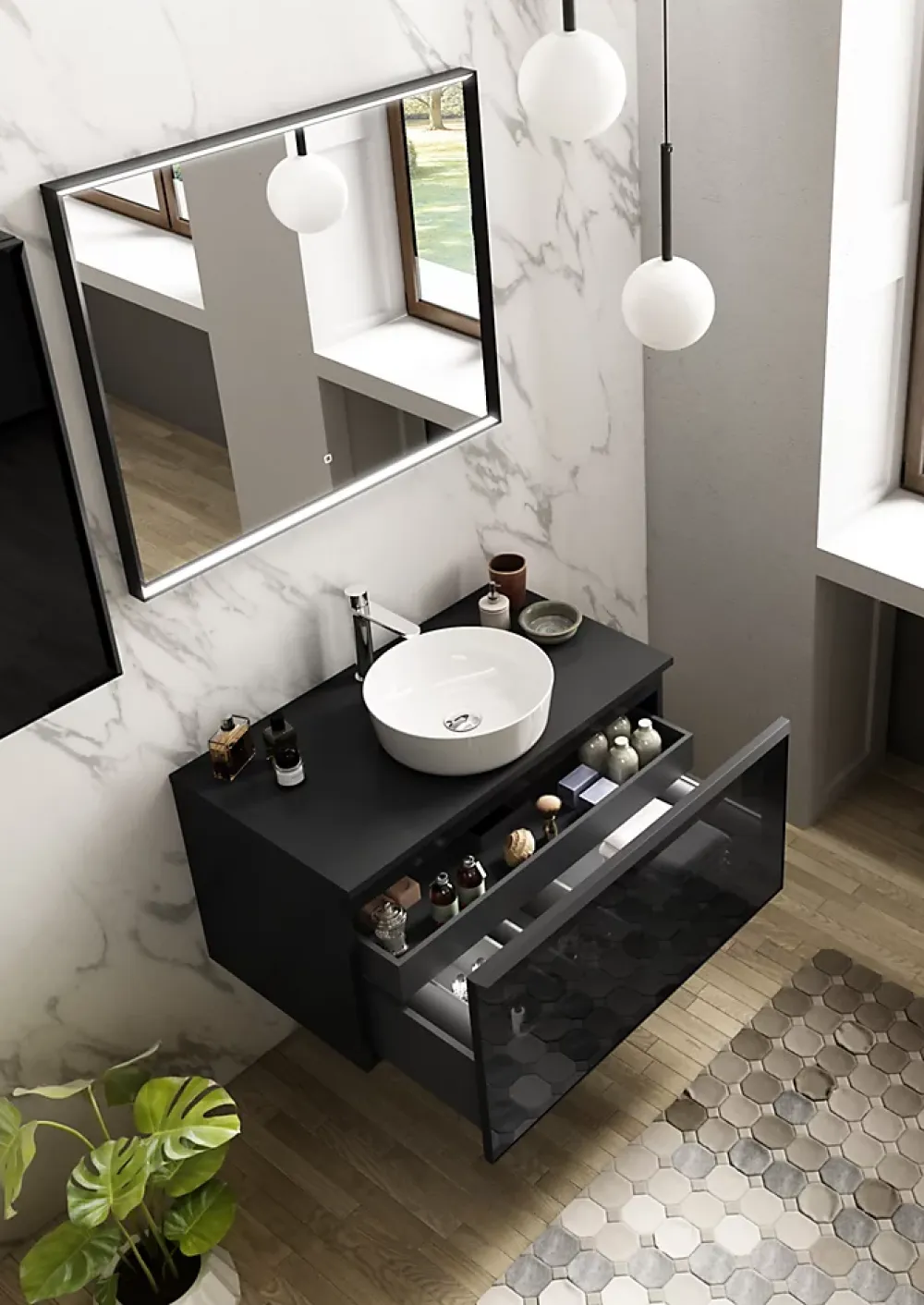 Meuble Buanderie|Ipiemme SRL Meuble vasque suspendu noir mat et verre fumé l.90 cm + plan de toilette noir mat, Pura+