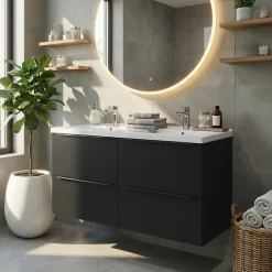 GoodHome Meuble vasque suspendu noir mat l.120 cm Imandra + plan double vasque blanc céramique Nira,