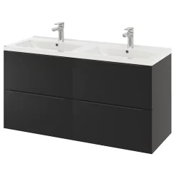 GoodHome Meuble vasque suspendu noir mat l.120 cm Imandra + plan double vasque blanc céramique Nira,