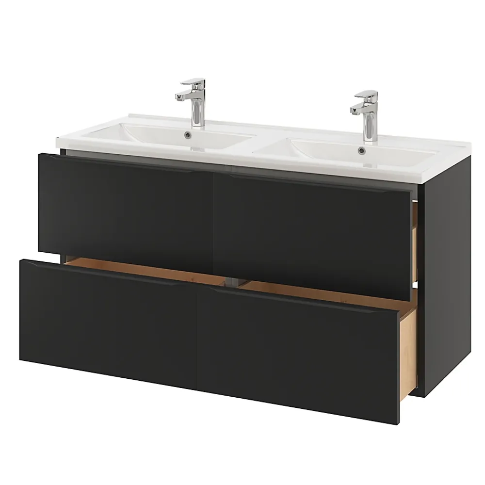 GoodHome Meuble vasque suspendu noir mat l.120 cm Imandra + plan double vasque blanc céramique Nira,