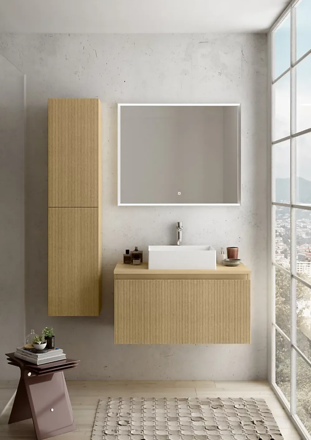 Ipiemme SRL Meuble vasque suspendu plaqué chêne miel strié l.90 cm + plan de toilette plaqué chêne miel, Pura+
