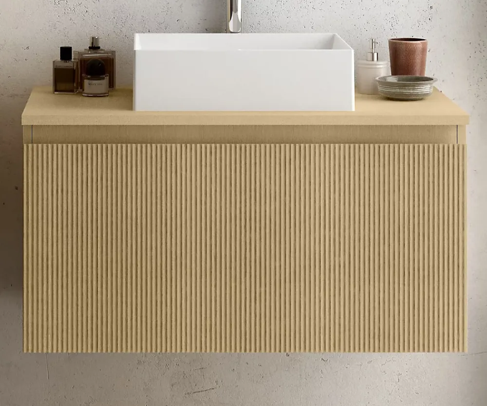 Ipiemme SRL Meuble vasque suspendu plaqué chêne miel strié l.90 cm + plan de toilette plaqué chêne miel, Pura+
