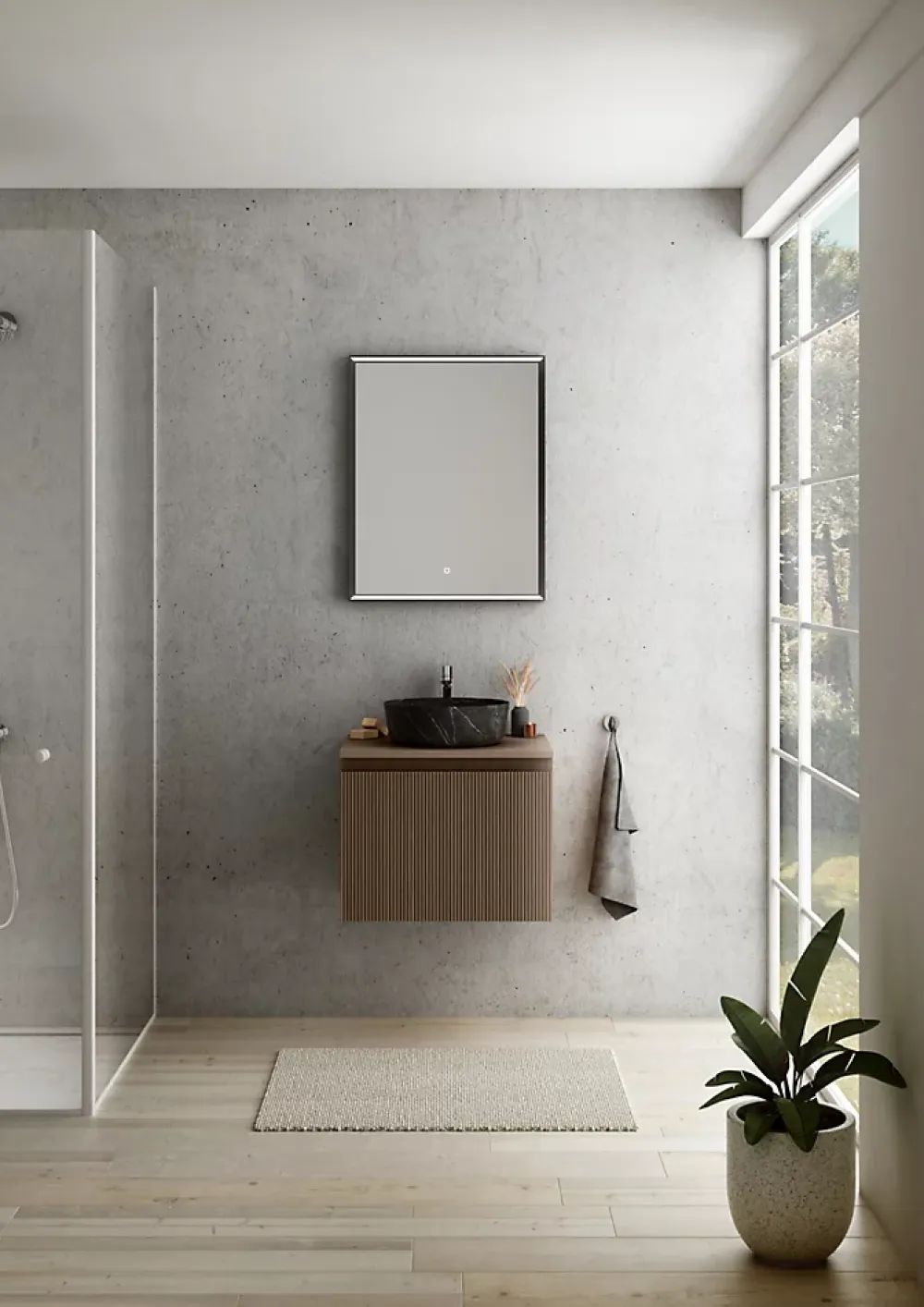 Ipiemme SRL Meuble vasque suspendu plaqué noyer strié l.60 cm + plan de toilette plaqué noyer, Pura+