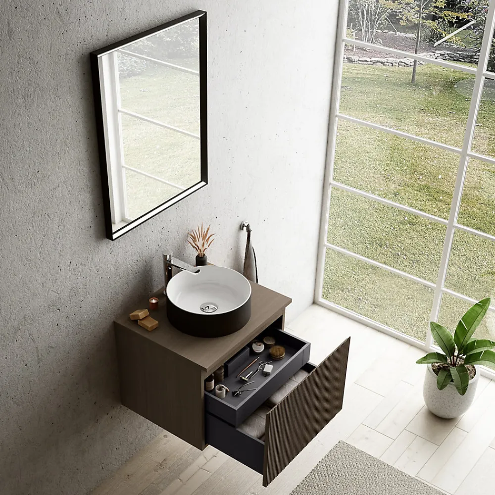 Ipiemme SRL Meuble vasque suspendu plaqué noyer strié l.60 cm + plan de toilette plaqué noyer, Pura+