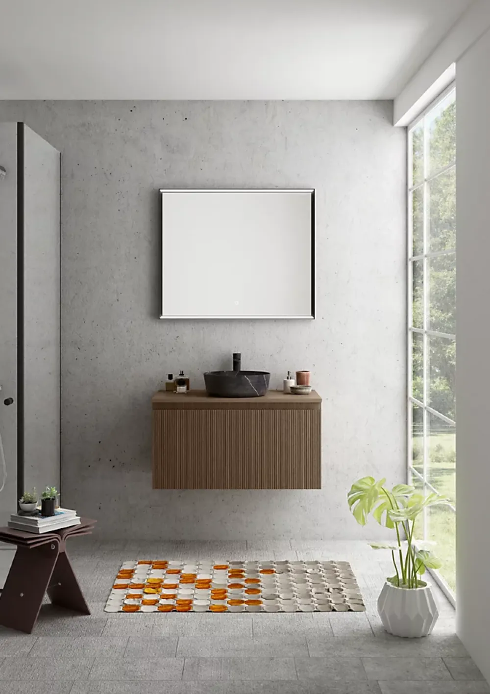 Meuble Buanderie|Ipiemme SRL Meuble vasque suspendu plaqué noyer strié l.90 cm + plan de toilette plaqué noyer, Pura+