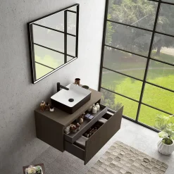 Meuble Buanderie|Ipiemme SRL Meuble vasque suspendu plaqué noyer strié l.90 cm + plan de toilette plaqué noyer, Pura+