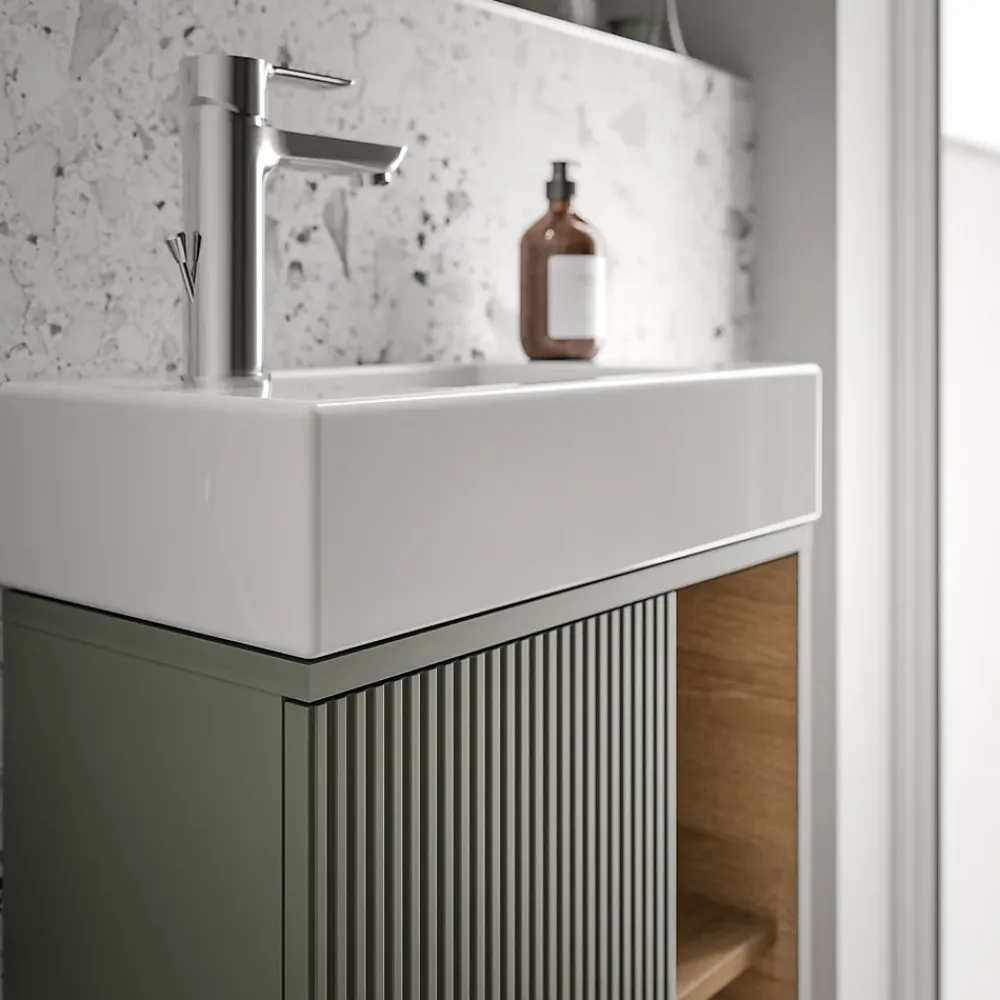 Bernstein Meuble vasque Vert Jade mat de salle de bain 55x24x59cm (LxPxH) 1 porte à gauche + 2 cases rangement - BELDIVO