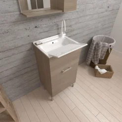 Kiamami Valentina Meuble Évier 45Cm Chêne Naturel Avec Bac Et Planche À Laver - Pratico