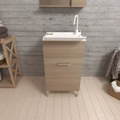 Kiamami Valentina Meuble Évier 45Cm Chêne Naturel Avec Bac Et Planche À Laver - Pratico