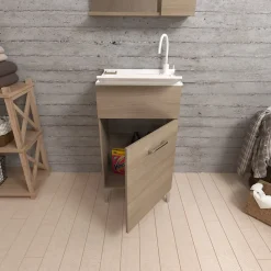 Kiamami Valentina Meuble Évier 45Cm Chêne Naturel Avec Bac Et Planche À Laver - Pratico