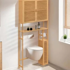 Meuble Wc|Meuble De Salle De Bains Faible Profondeur|IDMarket Meuble WC 3 en 1 avec armoires de rangement bambou BEA