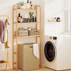 Giantex Meuble WC au-Dessus des Toilettes,en Bambou à 3 Niveaux avec 3 Crochets, Étagères et Barres à 3 Niveaux en Métal,71.5x25x166 cm