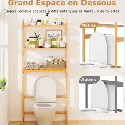 Giantex Meuble WC au-Dessus des Toilettes,en Bambou à 3 Niveaux avec 3 Crochets, Étagères et Barres à 3 Niveaux en Métal,71.5x25x166 cm