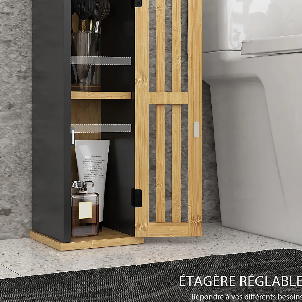 Homcom Meuble WC avec support papier toilette - porte, étagère - MDF noir bambou verni