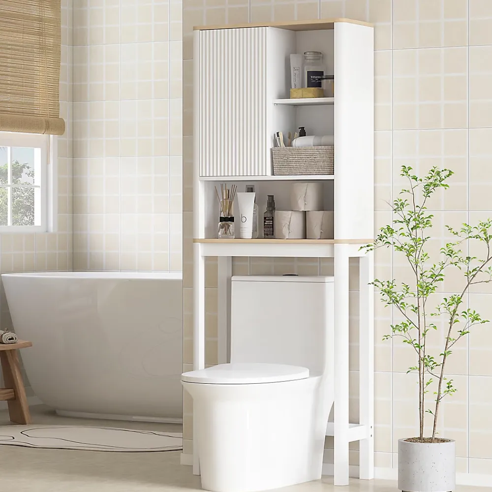 Meuble Wc|Homcom Meuble WC dessus de toilette style bohème - porte coulissante, étagère, niche - effet bois clair blanc