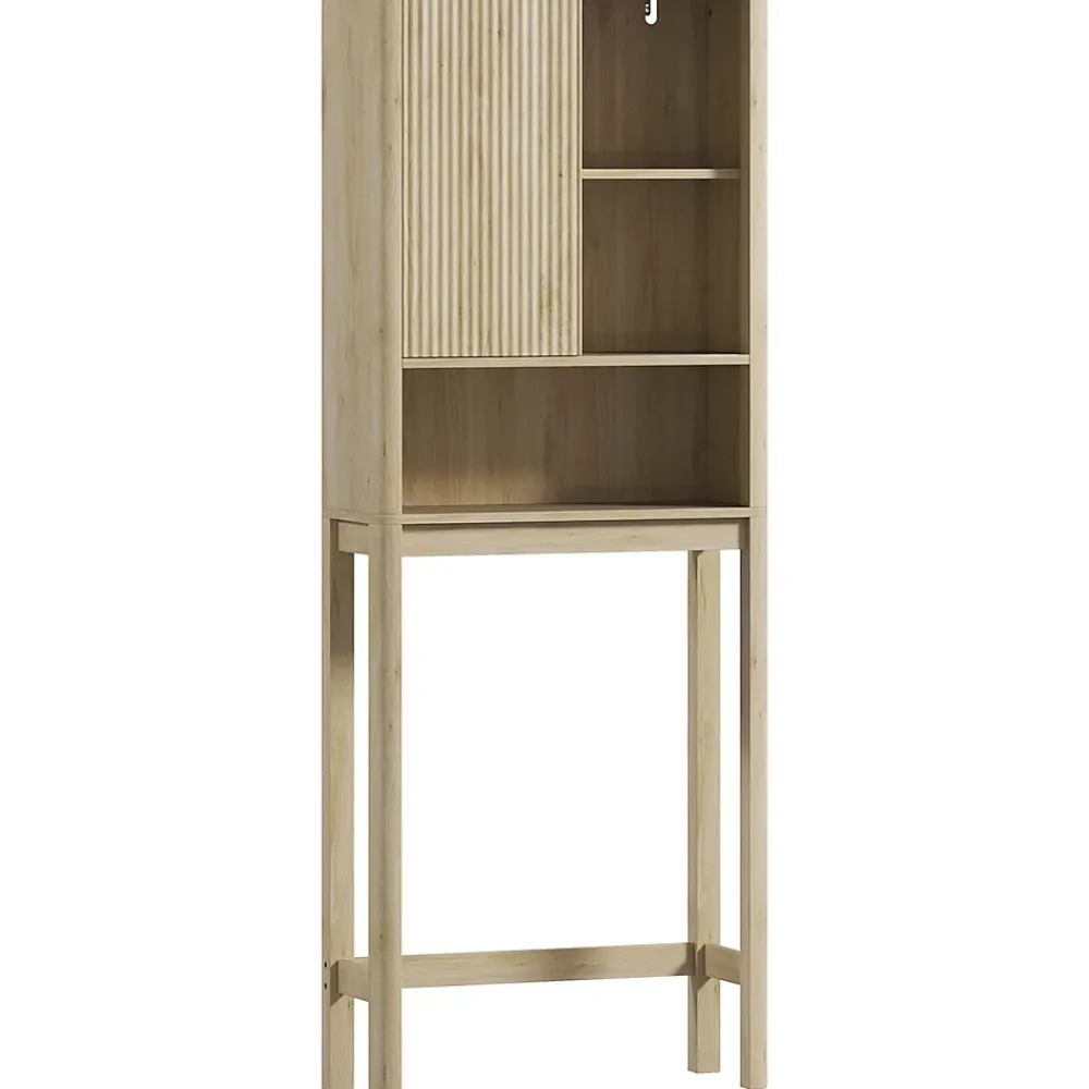 Homcom Meuble WC dessus de toilette style bohème - porte coulissante, étagère, niche - effet bois clair
