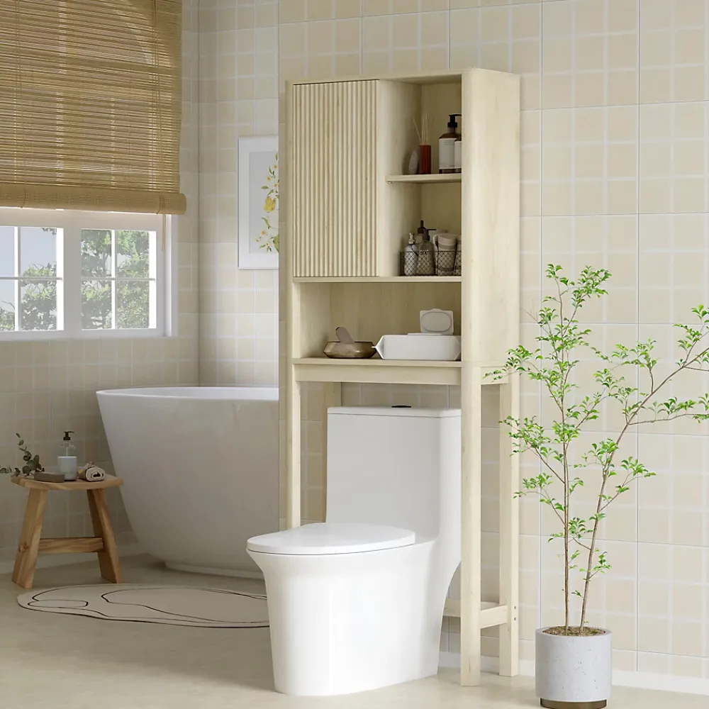 Homcom Meuble WC dessus de toilette style bohème - porte coulissante, étagère, niche - effet bois clair
