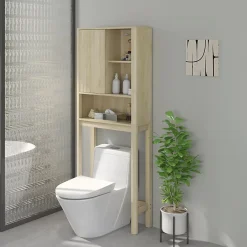 Homcom Meuble WC dessus de toilette style bohème - porte coulissante, étagère, niche - effet bois clair