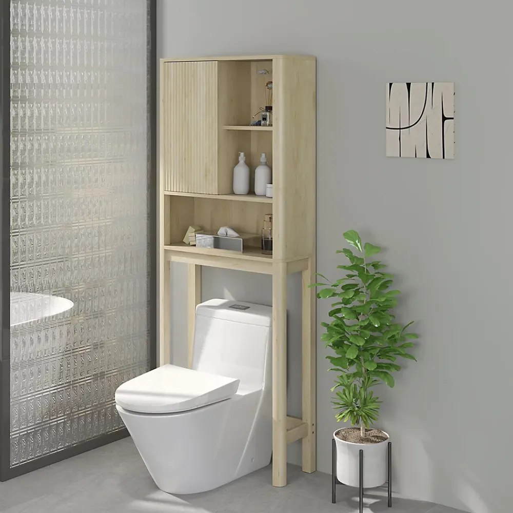 Homcom Meuble WC dessus de toilette style bohème - porte coulissante, étagère, niche - effet bois clair