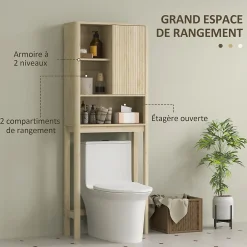 Homcom Meuble WC dessus de toilette style bohème - porte coulissante, étagère, niche - effet bois clair