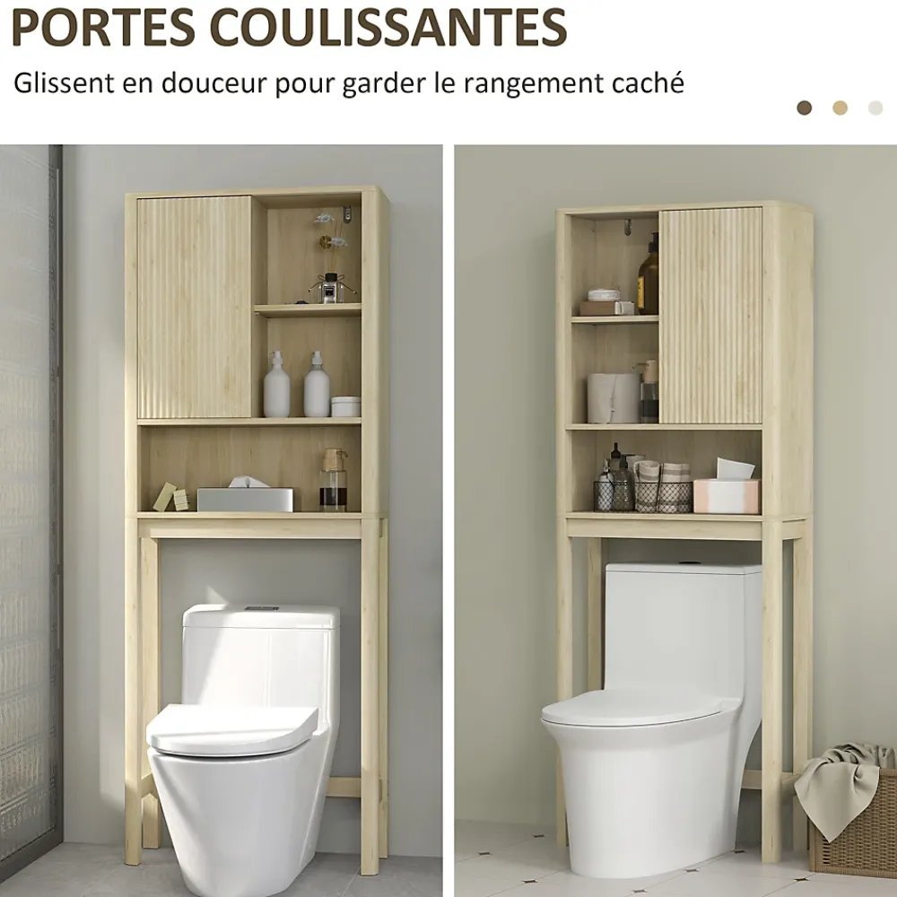 Homcom Meuble WC dessus de toilette style bohème - porte coulissante, étagère, niche - effet bois clair