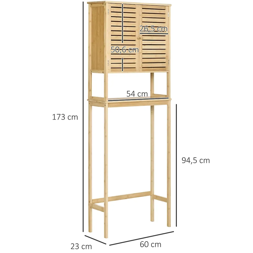 kleankin Meuble WC meuble dessus toilettes style cosy dim. 60L x 23l x 173H cm portes à lattes étagère bambou MDF aspect bois clair