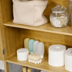 kleankin Meuble WC meuble dessus toilettes style cosy dim. 60L x 23l x 173H cm portes à lattes étagère bambou MDF aspect bois clair