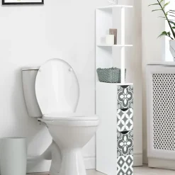 Meuble Wc|Meuble De Salle De Bains Faible Profondeur|IDMarket Meuble WC étagère bois WILLY 3 portes blanc et motif carreaux de ciment gris