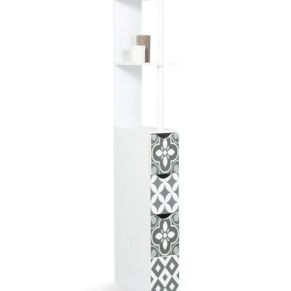 Meuble Wc|Meuble De Salle De Bains Faible Profondeur|IDMarket Meuble WC étagère bois WILLY 3 portes blanc et motif carreaux de ciment gris