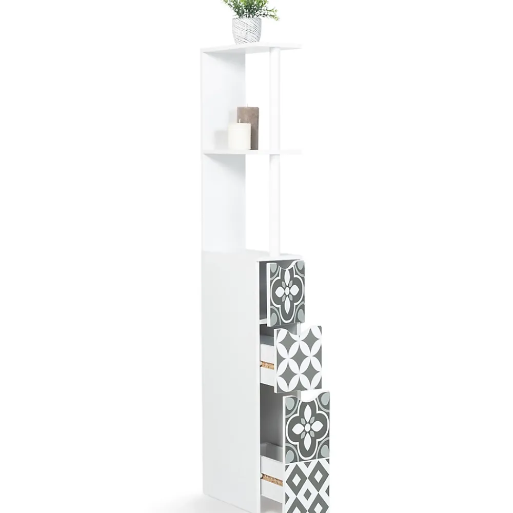 Meuble Wc|Meuble De Salle De Bains Faible Profondeur|IDMarket Meuble WC étagère bois WILLY 3 portes blanc et motif carreaux de ciment gris