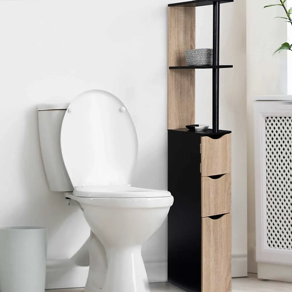 Meuble Wc|IDMarket Meuble WC étagère WILLY bois 3 portes noir et hêtre