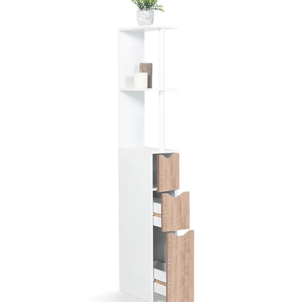 IDMarket Meuble WC étagère WILLY bois 3 portes blanc et hêtre
