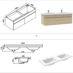 AICA Sanitaire Meubles double vasque 120cm vasque + miroir 3 couleurs lumineux Chêne Wotan