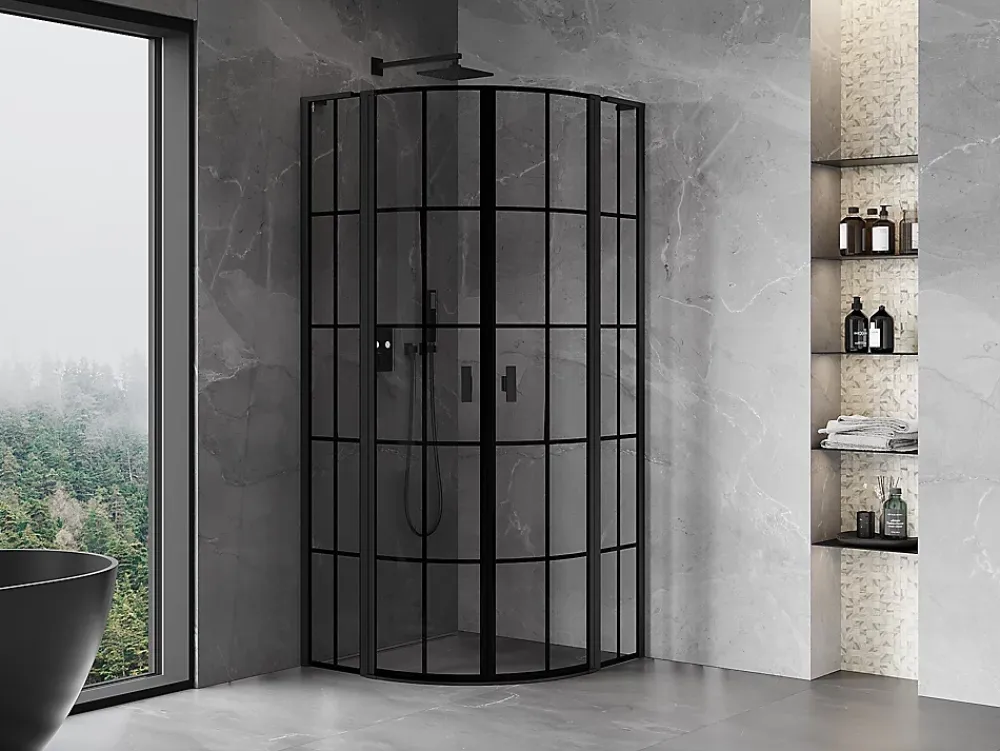 Mexen Mist L cabine de douche quart-de-rond pivotante 90 x 90 cm, grille noire, noir - 8A32L-090-090-70-77
