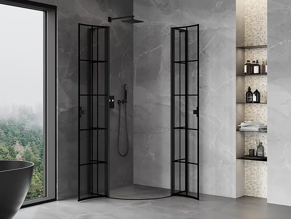 Mexen Mist L cabine de douche quart-de-rond pivotante 90 x 90 cm, grille noire, noir - 8A32L-090-090-70-77