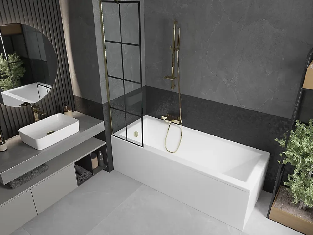 Mexen Next paroi de baignoire 1 volet 50 x 150 cm, grille noire, or - 895-050-000-00-77-50