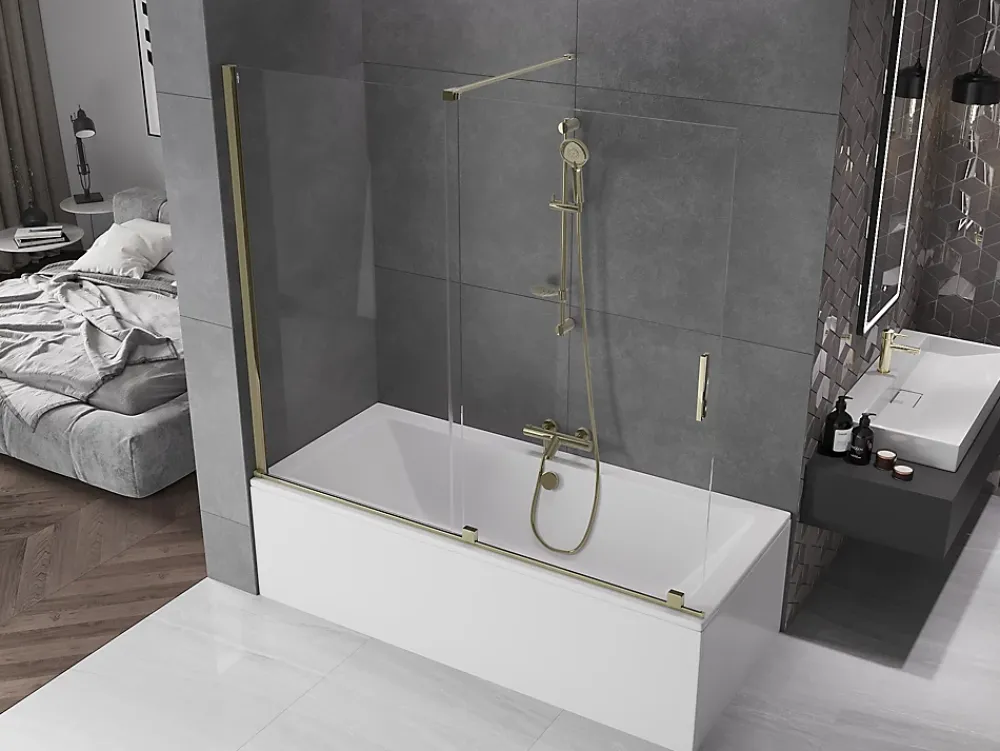 Mexen Velar pare-douche 2 plis coulissant 180 x 150 cm, transparent, doré - 896-180-000-01-50