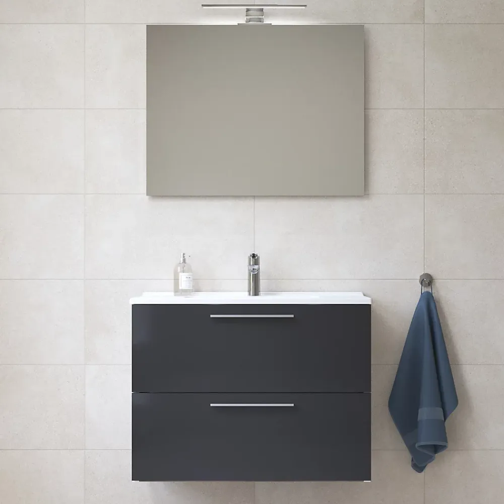 Lave-Mains|Vitra Mia ensemble meuble 79x61x39,5 cm avec miroir, lavabo et éclairage LED, Anthracite brillant (MIASET80A)