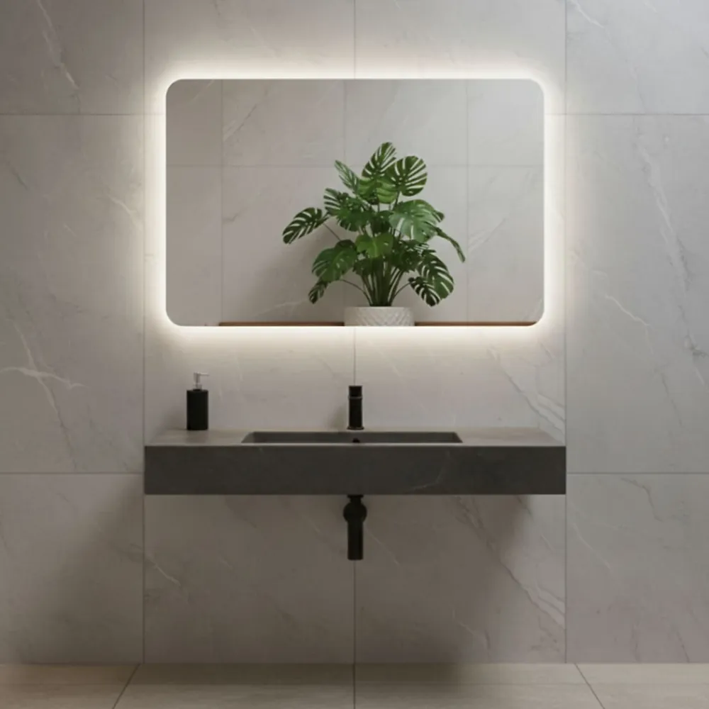 Miroir Lumineux|Et Design Miroir à bord poli 100x70 cm avec coins arrondis et rétroéclairage périmétrique