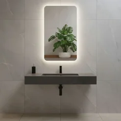Miroir Lumineux|Et Design Miroir à bord poli 100x70 cm avec coins arrondis et rétroéclairage périmétrique